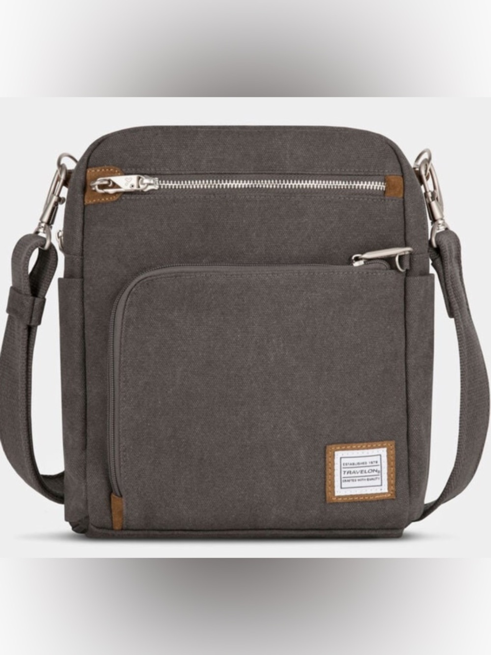 Travelon Pewter Canvas Messenger Bag with Brown Suede Accents